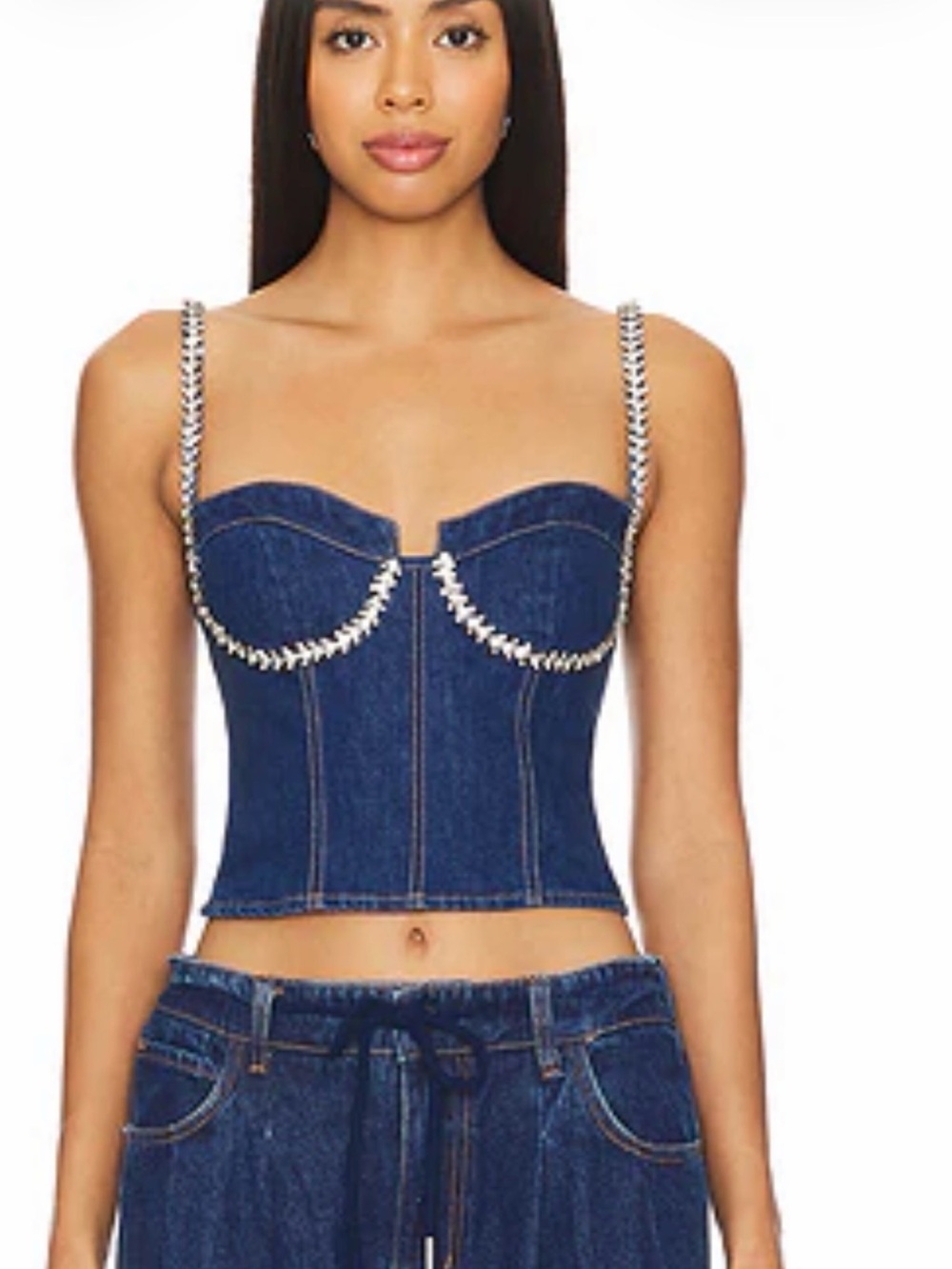 Ash - Denim Corset Crop Top with Chain-Trim Straps - Indigo Blue